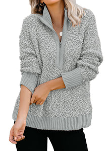 Maolijer Women's Casual Long Sleeves Zipper Fleece Pullover Sweater Fuzzy Sherpa Outwear Tunic Tops