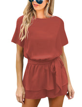 Load image into Gallery viewer, Maolijer Women&#39;s Casual Crew Neck Summer Solid Jumpsuit Belted Chiffon One Piece Romper Shorts