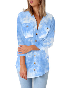 Maolijer Women's Casual V Neck Button Down Blouse Roll-up Sleeve Loose Shirt Tunic Tops with Pockets