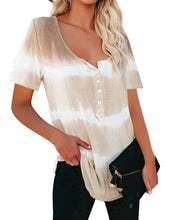 Load image into Gallery viewer, Maolijer Womens Short Sleeve Tie Dye Henley Shirt Color Block Striped Tunic Tops