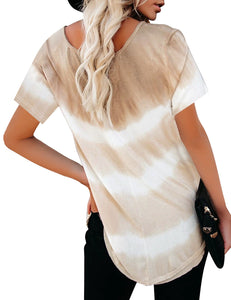 Maolijer Womens Short Sleeve Tie Dye Henley Shirt Color Block Striped Tunic Tops