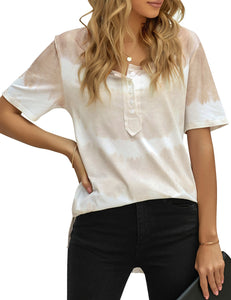 Maolijer Womens Short Sleeve Tie Dye Henley Shirt Color Block Striped Tunic Tops