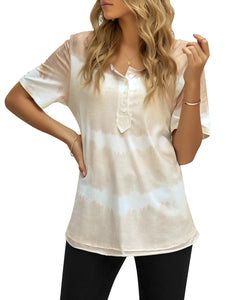 Maolijer Womens Short Sleeve Tie Dye Henley Shirt Color Block Striped Tunic Tops