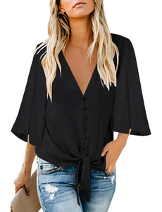 Maolijer Women's Casual Loose Shirt 3/4 Sleeve V Neck Loose Tie Front Blouses Top