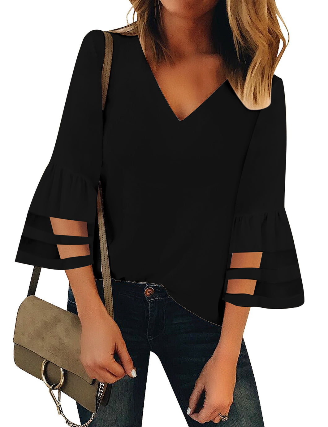 Maolijer Women's Crewneck Casual 3/4 Ruffle Sleeve Blouses Loose Tops Shirt