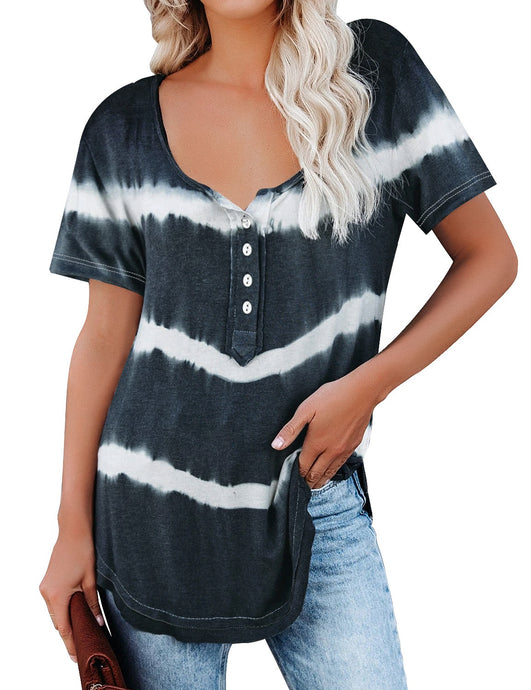 Maolijer Womens Short Sleeve Tie Dye Henley Shirt Color Block Striped Tunic Tops