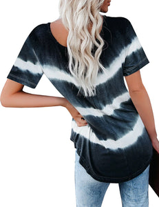Maolijer Womens Short Sleeve Tie Dye Henley Shirt Color Block Striped Tunic Tops