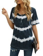Load image into Gallery viewer, Maolijer Womens Short Sleeve Tie Dye Henley Shirt Color Block Striped Tunic Tops