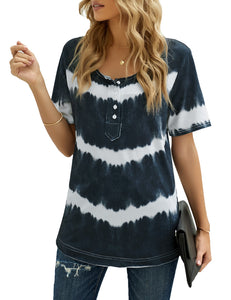 Maolijer Womens Short Sleeve Tie Dye Henley Shirt Color Block Striped Tunic Tops