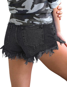 Maolijer Women's Mid Waisted Stretch Shorts Folded Hem Frayed Distressed Jean Denim Shorts