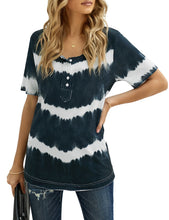 Load image into Gallery viewer, Maolijer Womens Short Sleeve Tie Dye Henley Shirt Color Block Striped Tunic Tops