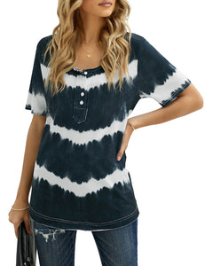 Maolijer Womens Short Sleeve Tie Dye Henley Shirt Color Block Striped Tunic Tops