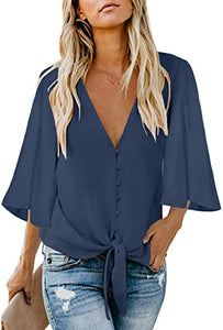 Maolijer Women's Casual Loose Shirt 3/4 Sleeve V Neck Loose Tie Front Blouses Top