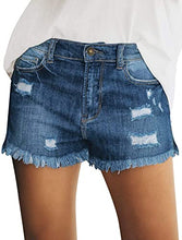 Load image into Gallery viewer, Maolijer Women&#39;s Mid Waisted Stretch Shorts Folded Hem Frayed Distressed Jean Denim Shorts