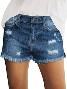 Maolijer Women's Mid Waisted Stretch Shorts Folded Hem Frayed Distressed Jean Denim Shorts