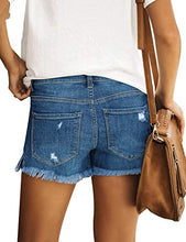 Load image into Gallery viewer, Maolijer Women&#39;s Mid Waisted Stretch Shorts Folded Hem Frayed Distressed Jean Denim Shorts