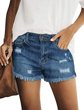 Load image into Gallery viewer, Maolijer Women&#39;s Mid Waisted Stretch Shorts Folded Hem Frayed Distressed Jean Denim Shorts