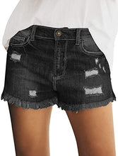 Load image into Gallery viewer, Maolijer Women&#39;s Mid Waisted Stretch Shorts Folded Hem Frayed Distressed Jean Denim Shorts