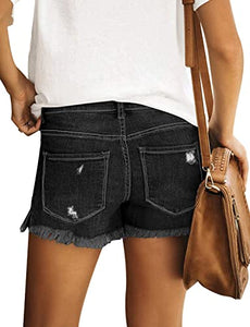 Maolijer Women's Mid Waisted Stretch Shorts Folded Hem Frayed Distressed Jean Denim Shorts