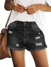 Load image into Gallery viewer, Maolijer Women&#39;s Mid Waisted Stretch Shorts Folded Hem Frayed Distressed Jean Denim Shorts