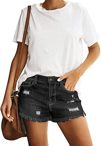 Maolijer Women's Mid Waisted Stretch Shorts Folded Hem Frayed Distressed Jean Denim Shorts