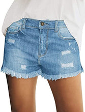 Load image into Gallery viewer, Maolijer Women&#39;s Mid Waisted Stretch Shorts Folded Hem Frayed Distressed Jean Denim Shorts