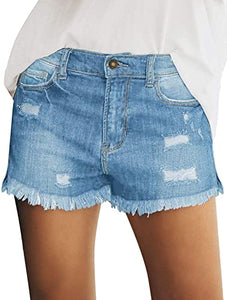 Maolijer Women's Mid Waisted Stretch Shorts Folded Hem Frayed Distressed Jean Denim Shorts