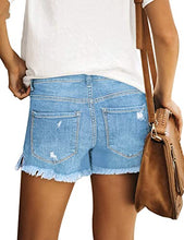Load image into Gallery viewer, Maolijer Women&#39;s Mid Waisted Stretch Shorts Folded Hem Frayed Distressed Jean Denim Shorts