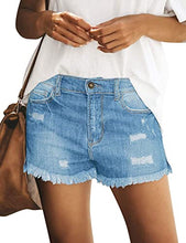 Load image into Gallery viewer, Maolijer Women&#39;s Mid Waisted Stretch Shorts Folded Hem Frayed Distressed Jean Denim Shorts