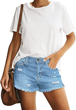Load image into Gallery viewer, Maolijer Women&#39;s Mid Waisted Stretch Shorts Folded Hem Frayed Distressed Jean Denim Shorts