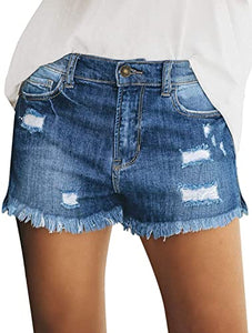 Maolijer Women's Mid Waisted Stretch Shorts Folded Hem Frayed Distressed Jean Denim Shorts