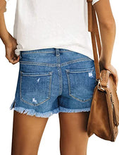 Load image into Gallery viewer, Maolijer Women&#39;s Mid Waisted Stretch Shorts Folded Hem Frayed Distressed Jean Denim Shorts