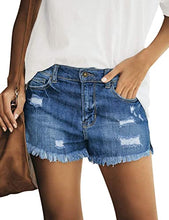 Load image into Gallery viewer, Maolijer Women&#39;s Mid Waisted Stretch Shorts Folded Hem Frayed Distressed Jean Denim Shorts