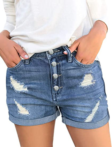 Maolijer Women's Mid Waisted Stretch Shorts Folded Hem Frayed Distressed Jean Denim Shorts