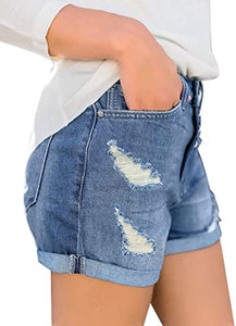 Maolijer Women's Mid Waisted Stretch Shorts Folded Hem Frayed Distressed Jean Denim Shorts