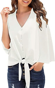 Maolijer Women's Casual Loose Shirt 3/4 Sleeve V Neck Loose Tie Front Blouses Top