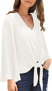 Maolijer Women's Casual Loose Shirt 3/4 Sleeve V Neck Loose Tie Front Blouses Top