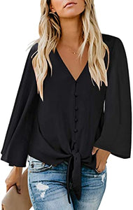 Maolijer Women's Casual Loose Shirt 3/4 Sleeve V Neck Loose Tie Front Blouses Top