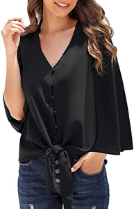 Maolijer Women's Casual Loose Shirt 3/4 Sleeve V Neck Loose Tie Front Blouses Top