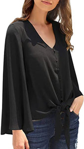 Maolijer Women's Casual Loose Shirt 3/4 Sleeve V Neck Loose Tie Front Blouses Top