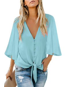 Maolijer Women's Casual Loose Shirt 3/4 Sleeve V Neck Loose Tie Front Blouses Top