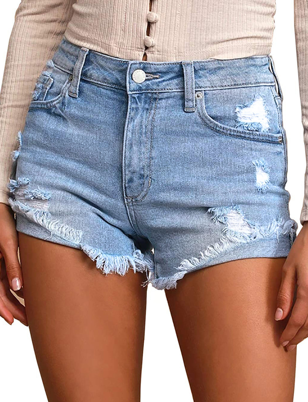 Maolijer Women's Mid Waisted Stretch Shorts Folded Hem Frayed Distressed Jean Denim Shorts
