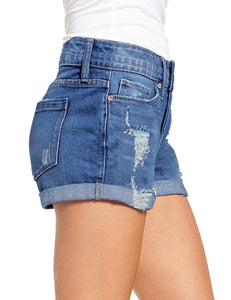 Maolijer Women's Mid Waisted Stretch Shorts Folded Hem Frayed Distressed Jean Denim Shorts