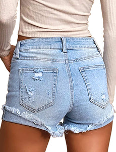 Maolijer Women's Mid Waisted Stretch Shorts Folded Hem Frayed Distressed Jean Denim Shorts