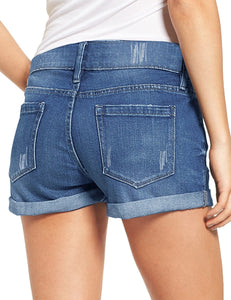 Maolijer Women's Mid Waisted Stretch Shorts Folded Hem Frayed Distressed Jean Denim Shorts