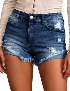 Maolijer Women's Mid Waisted Stretch Shorts Folded Hem Frayed Distressed Jean Denim Shorts