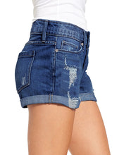 Load image into Gallery viewer, Maolijer Women&#39;s Mid Waisted Stretch Shorts Folded Hem Frayed Distressed Jean Denim Shorts