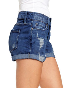 Maolijer Women's Mid Waisted Stretch Shorts Folded Hem Frayed Distressed Jean Denim Shorts