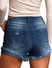 Load image into Gallery viewer, Maolijer Women&#39;s Mid Waisted Stretch Shorts Folded Hem Frayed Distressed Jean Denim Shorts