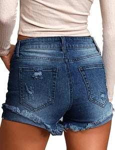 Maolijer Women's Mid Waisted Stretch Shorts Folded Hem Frayed Distressed Jean Denim Shorts